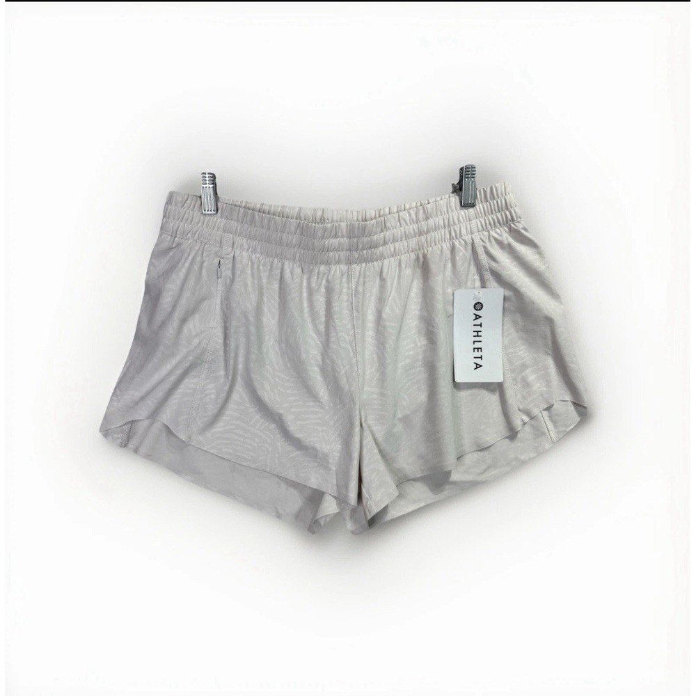 Athleta‎ Women's Large Hustle 3" Shorts Fiji Veil Print Tan Cream Running NWT